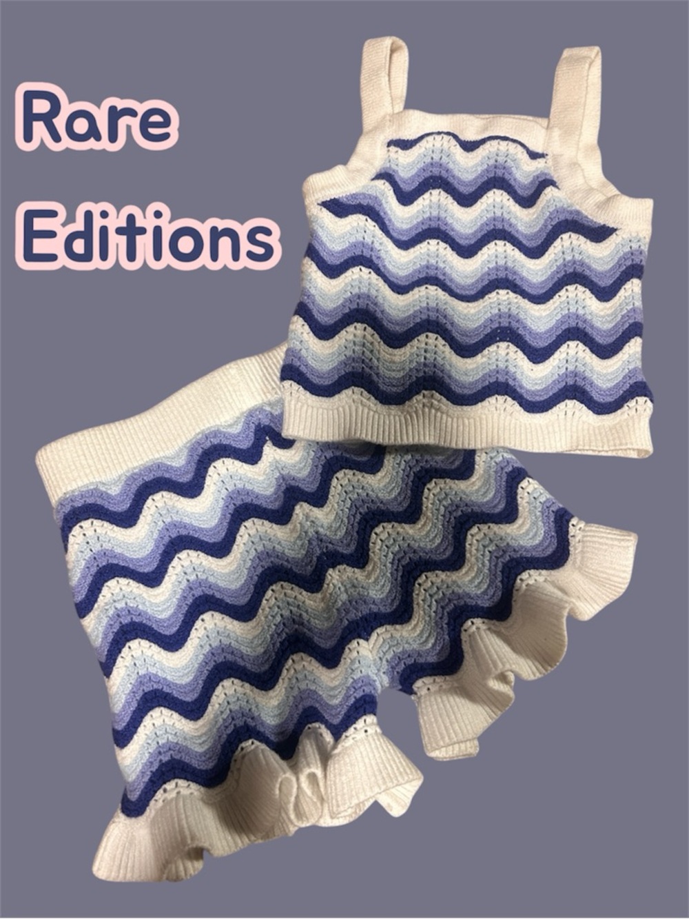 Rare Editions White & Blue Wave Knit Tank Top and Ruffle Shorts Set
